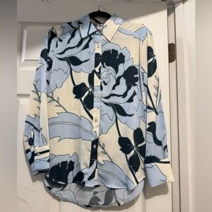 Floral Print Women's Shirt - Cream and Blue